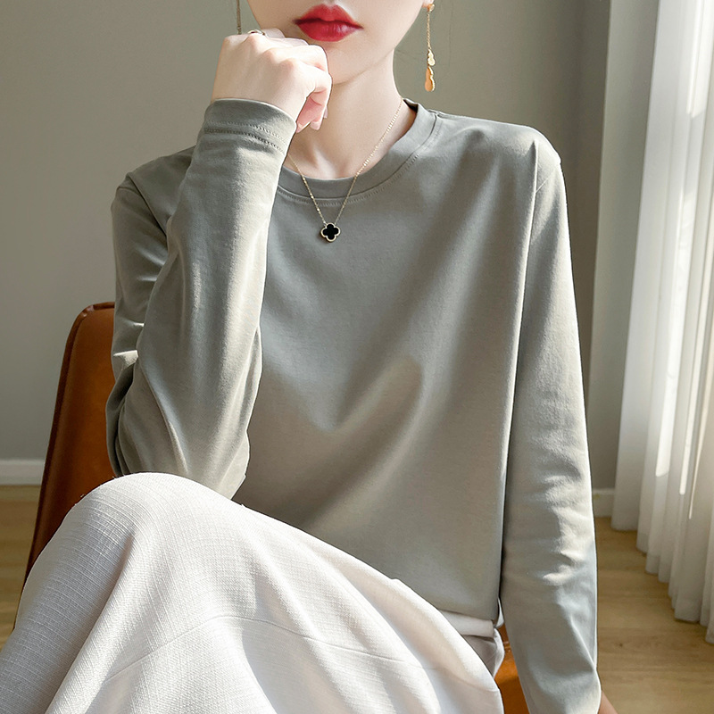 Spring and summer mercerized cotton long-sleeved T-shirt, women's round-neck pullover, pure cotton base layer, loose, casual and versatile top