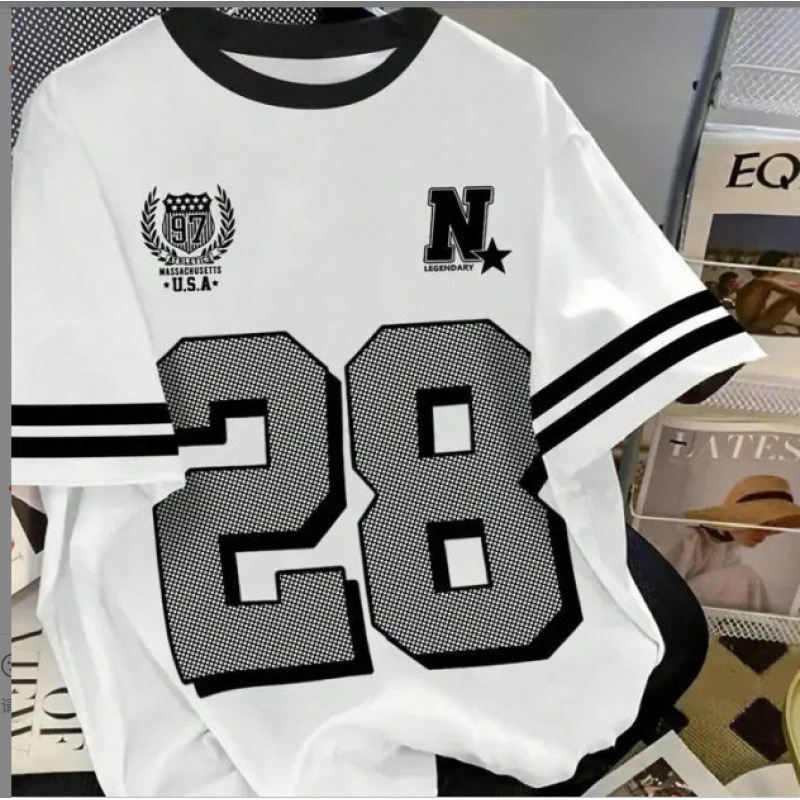 2026美式高街休闲运动棒球领撞色短袖短袖恤女夏季宽松印花半袖