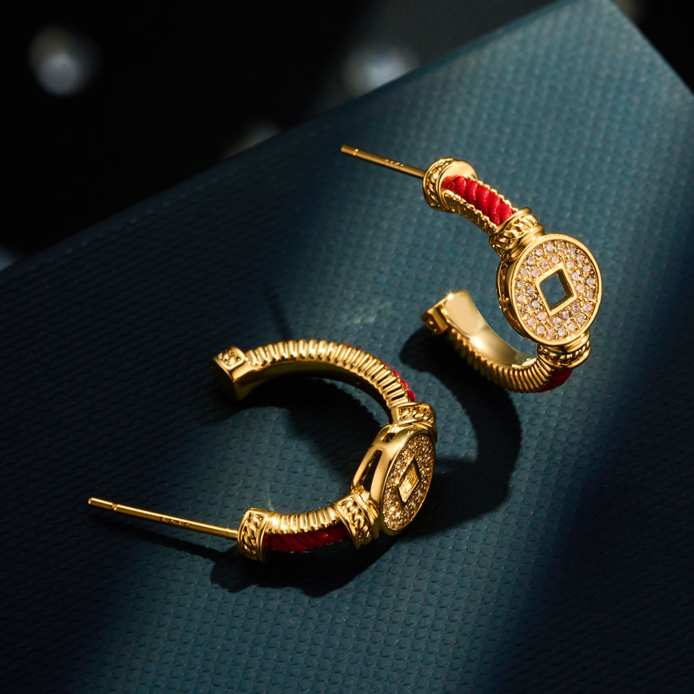 Diseño original China chao hong cuerda pendientes de dinero de cobre aleación de cobre chapado de oro real micro zirconitas incrustadas agujas de plata s925 orejeras para mujeres