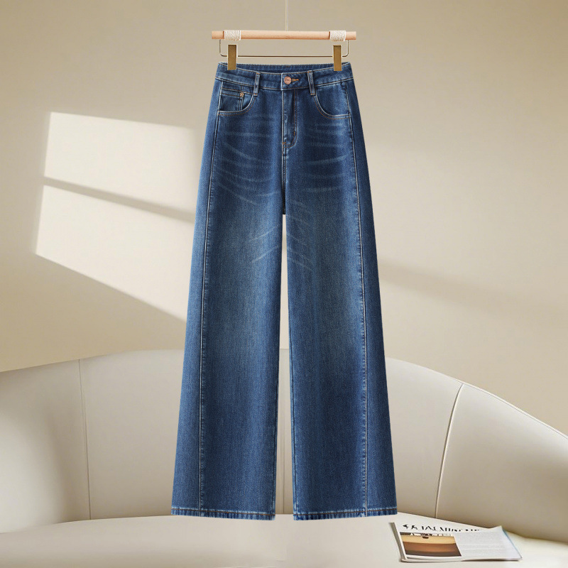 Fleece and thickened blue jeans for women's winter 2025 new style, high-waisted slimming straight-leg pants, versatile narrow wide-leg pants details Picture