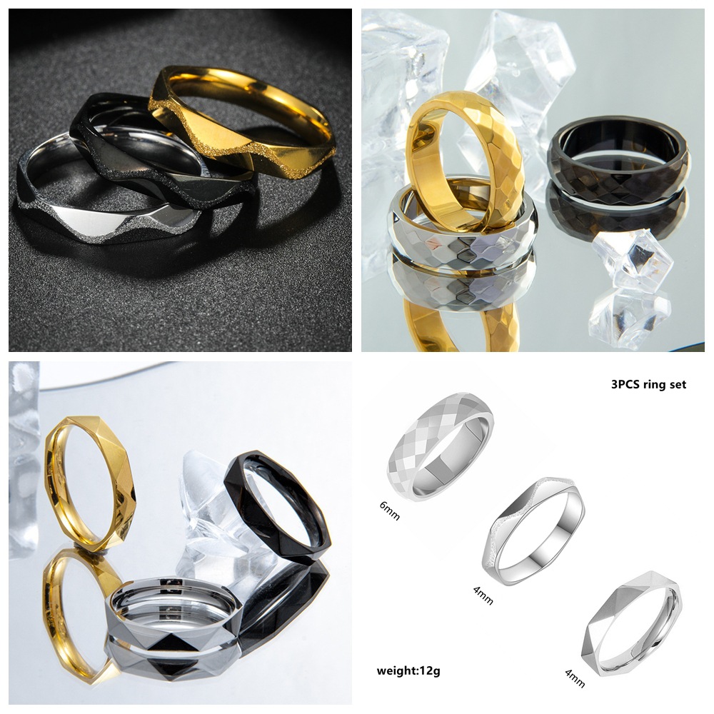 New cross-border titanium steel rings for women from Europe and America, multi-faceted diamond-shaped ring accessories, 3 sets in stock for wholesale details Picture