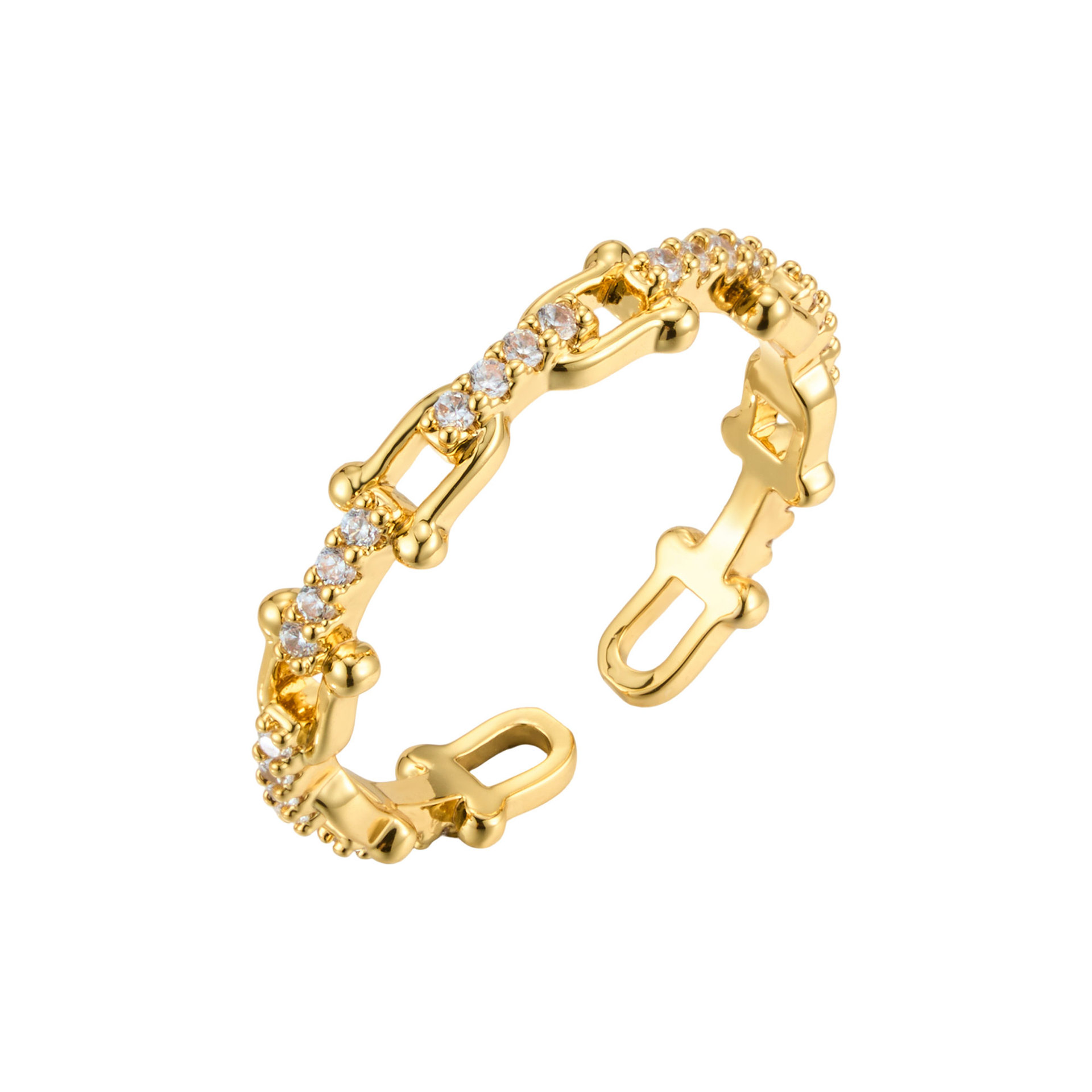 Source factory light luxury horseshoe buckle chain opening ring, copper alloy real gold electroplated with zirconium adjustable index finger ring Item Picture