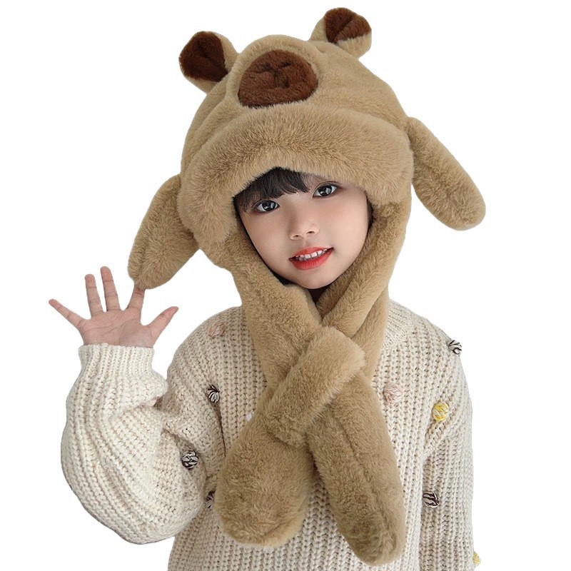 A set of Capibara hats with moving ears, children's ear-protecting hats and scarves in one, winter warm and cold-proof plush hats, wholesale from street stalls Item Picture