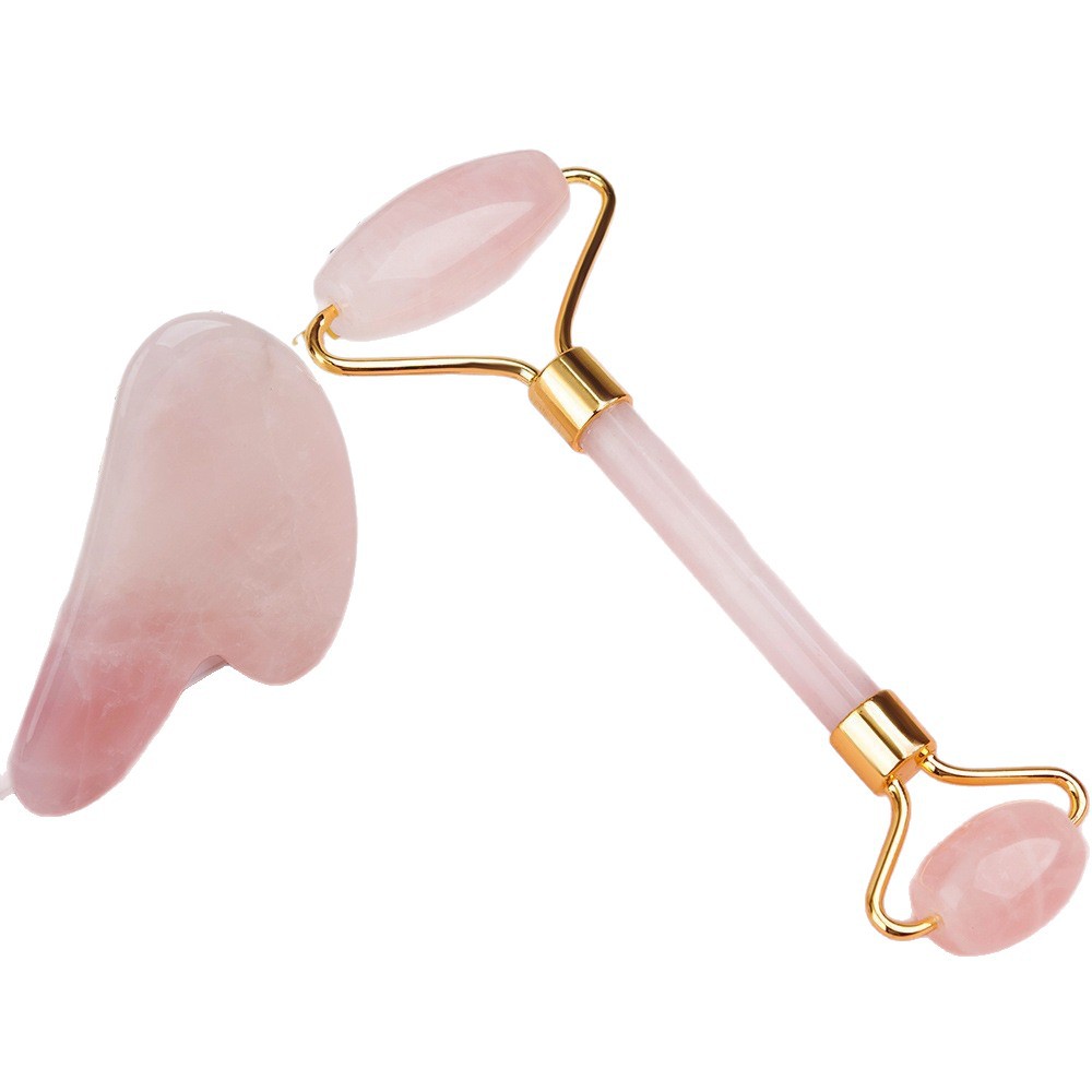 Natural rose quartz jade roller massager, gua sha board, facial, eye and full-body muscle pulling stick, beauty massage tool Specification image