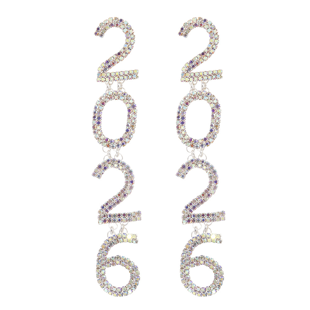 New cross-border New Year earrings with the number 2026 from Europe and America, exaggerated water diamonds, shiny earrings, AB full diamonds, New Year's Eve atmosphere, diamond-encrusted earrings Item Picture
