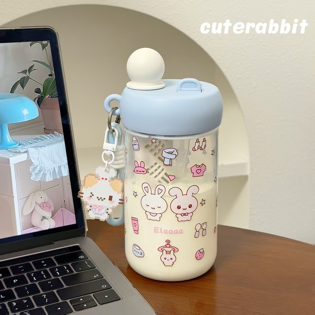 Cartoon cute cat straw cup, girls' high appearance level portable water cup, summer large-capacity high-temperature resistant travel cup details Picture