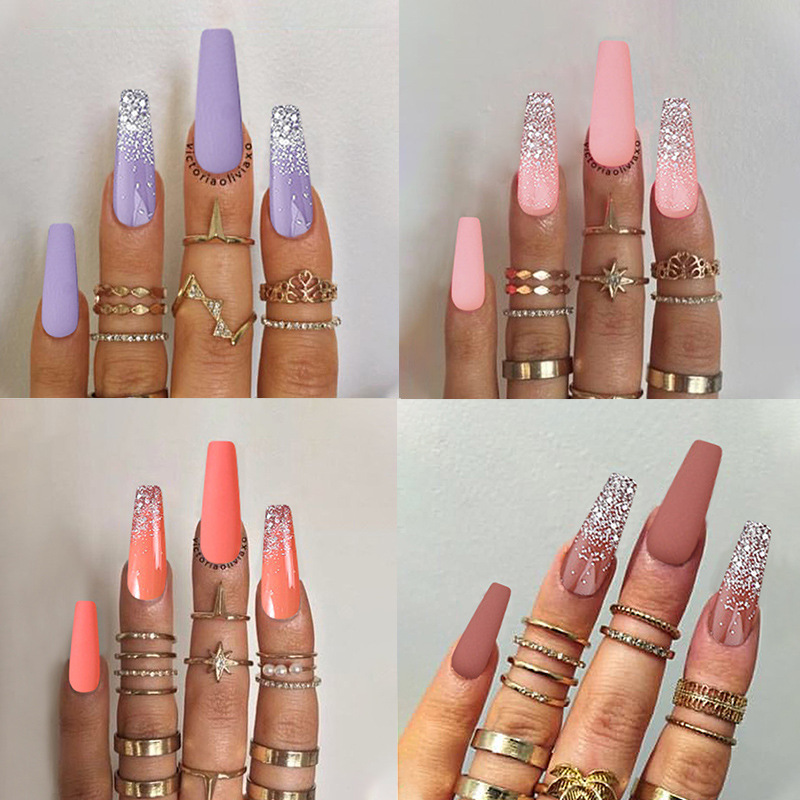 European and American style long ballet false nail patches, long French sequin nail art, matte frosted wearable nail finished products wholesale