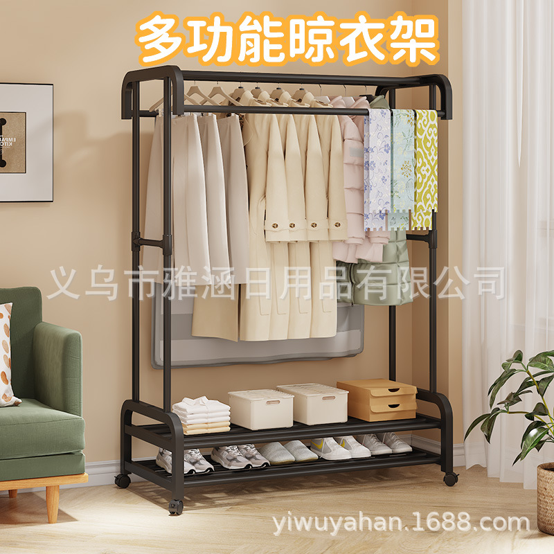 新款跨境双杆带轮简易款晾衣架嗮衣架落地卧室衣帽架阳台挂衣架
