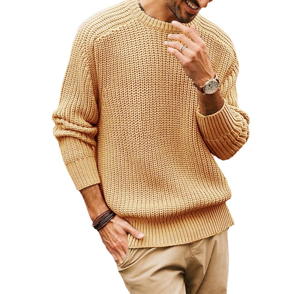 New men's solid-color long-sleeved round-neck fashionable sweater and loose American retro knitted sweater from Amazon cross-border in Europe and America Item Picture