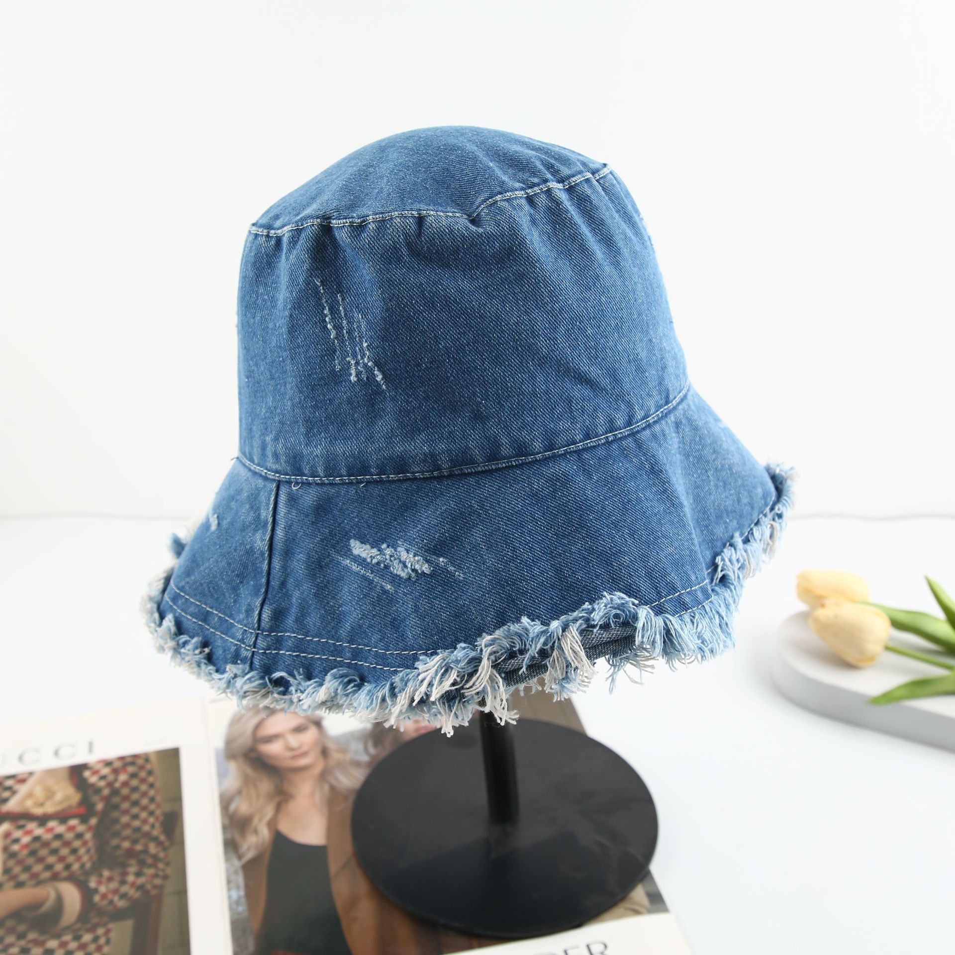 A stylish and versatile casual sun hat with a unique Japanese and Korean ins style, featuring a fringed denim fisherman's hat Specification drawing