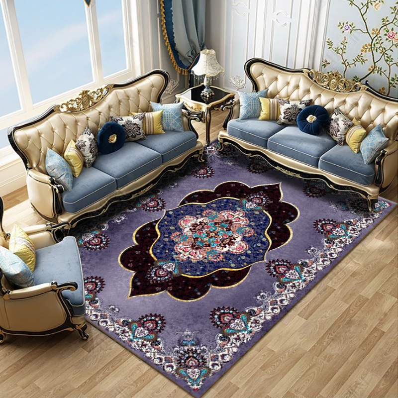 The living room, bedroom and bed are covered with large areas of Bohemian retro ethnic style carpets. The coffee table, sofa and floor MATS are all covered with carpets details Picture