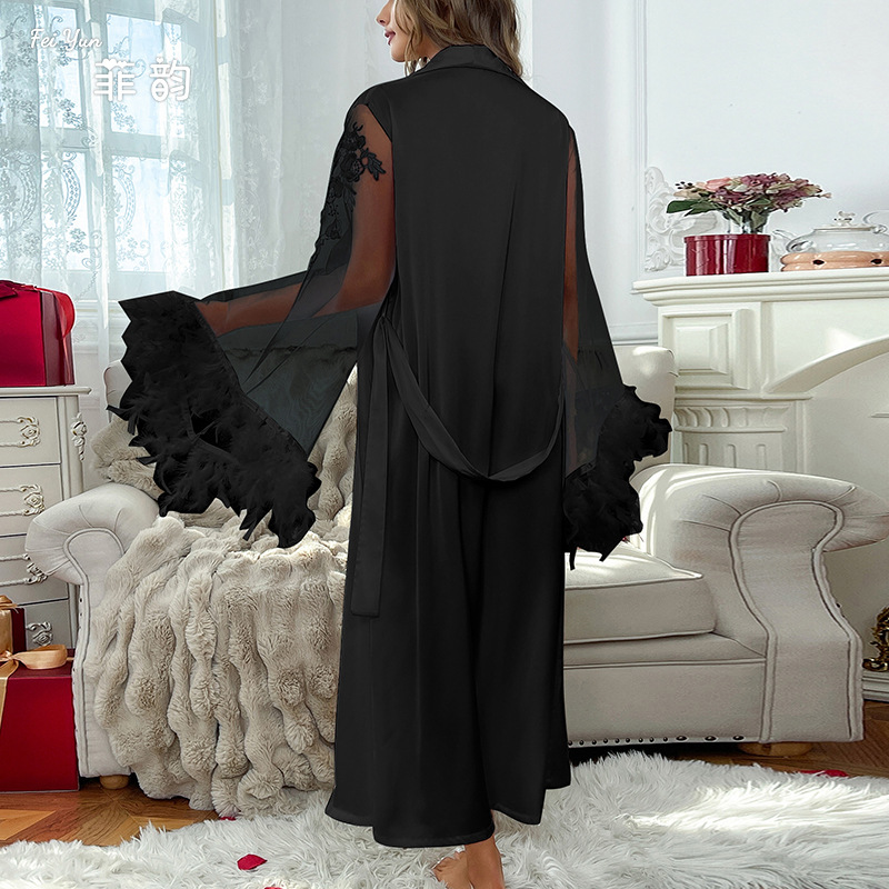 Feiyun brand elegant lace-trimmed long-sleeved bathrobe, comfortable silk fabric home wear 847 Specification image