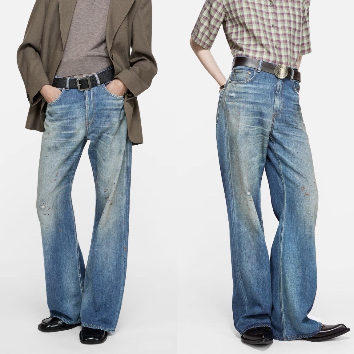 AC blue straight-leg jeans for women, high-waisted wide-leg, ink-wash distressed printed flared pants, dirty pants, Spring 2026 new style Specification image