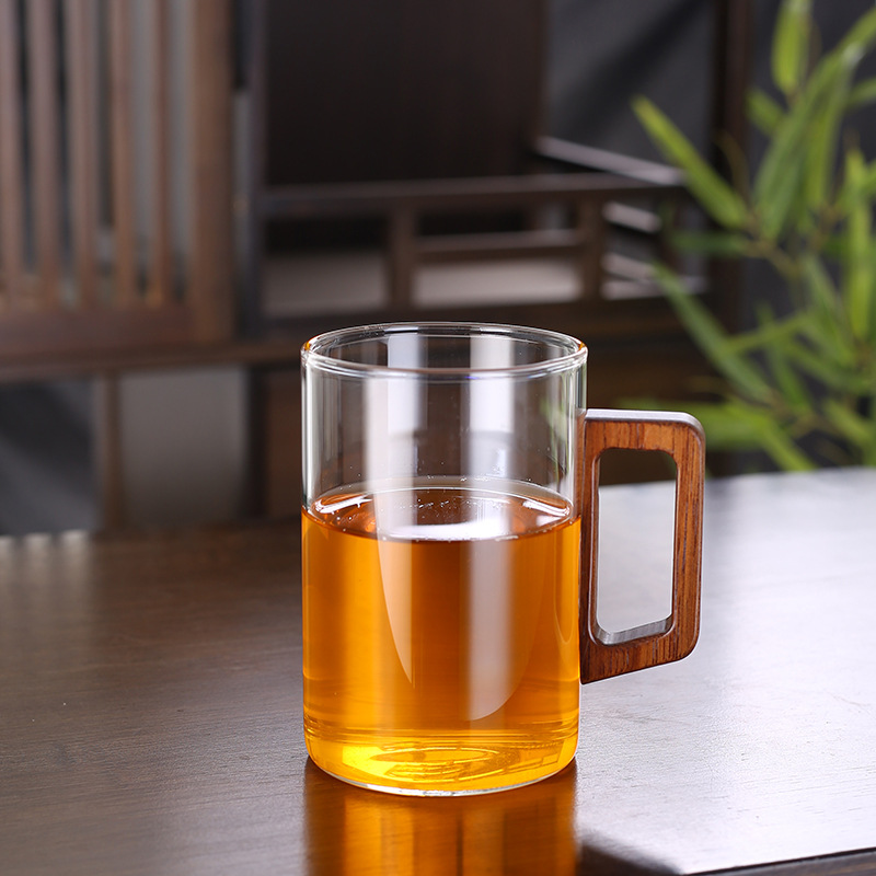 木把绿茶杯耐高温玻璃杯男士办公室茶道喝茶杯子高硼硅家用茶具
