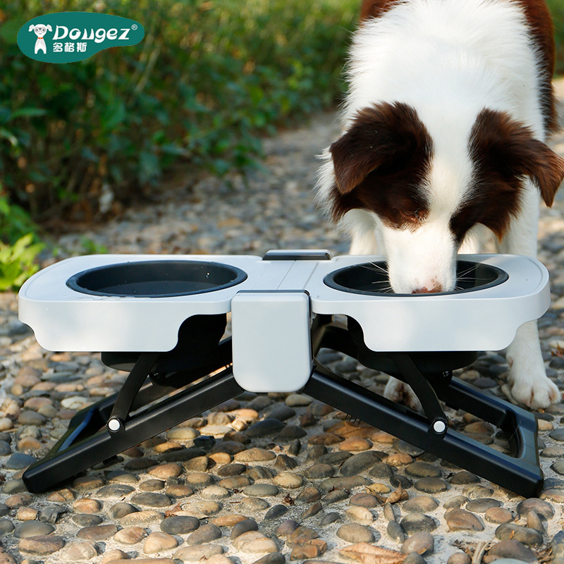 亚马逊大型犬硅胶折叠餐桌狗碗金毛双碗高架狗食盆可调节宠物狗碗