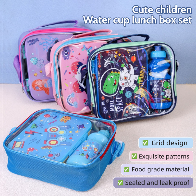跨境热卖儿童可爱手提水杯饭盒套装厂家学生卡通分格便当盒餐包