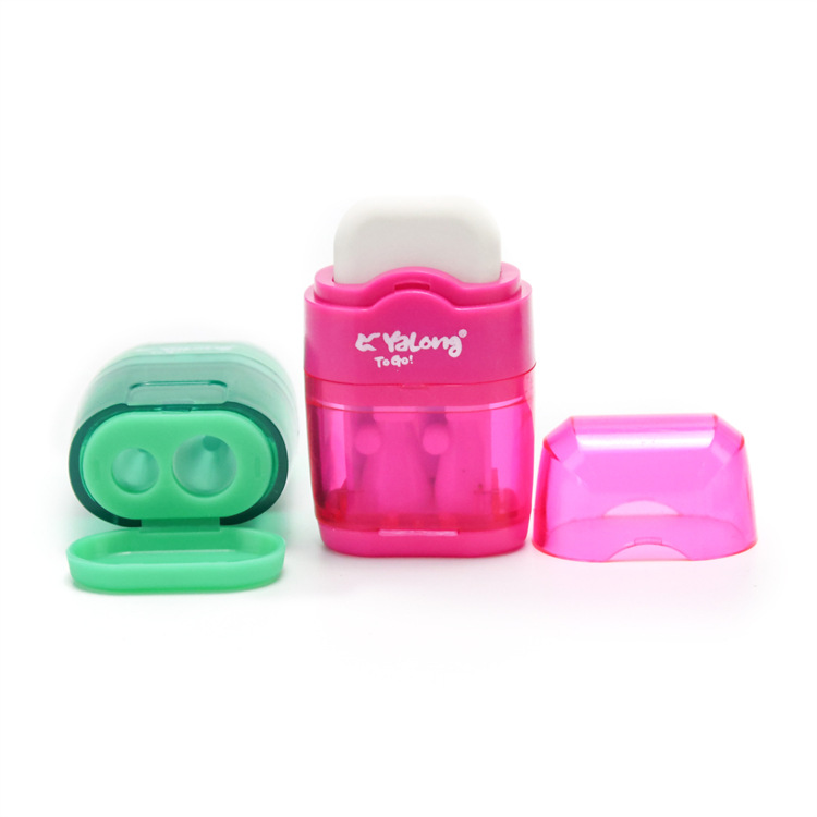 The fancy plastic pen sharpener features a double-hole color design and is multi-functional, serving both as an eraser and a pencil sharpener Specification image
