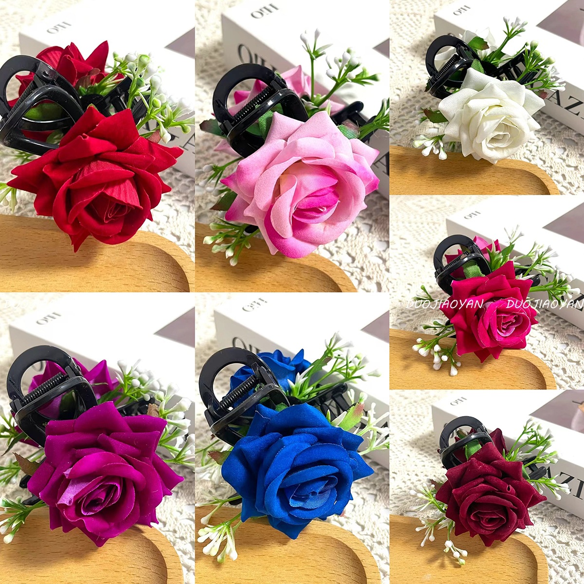 Cross-border retro simulation red rose flower hair clip, fashionable handcrafted rose grab clip, back head updo, shark clip hair accessory details Picture