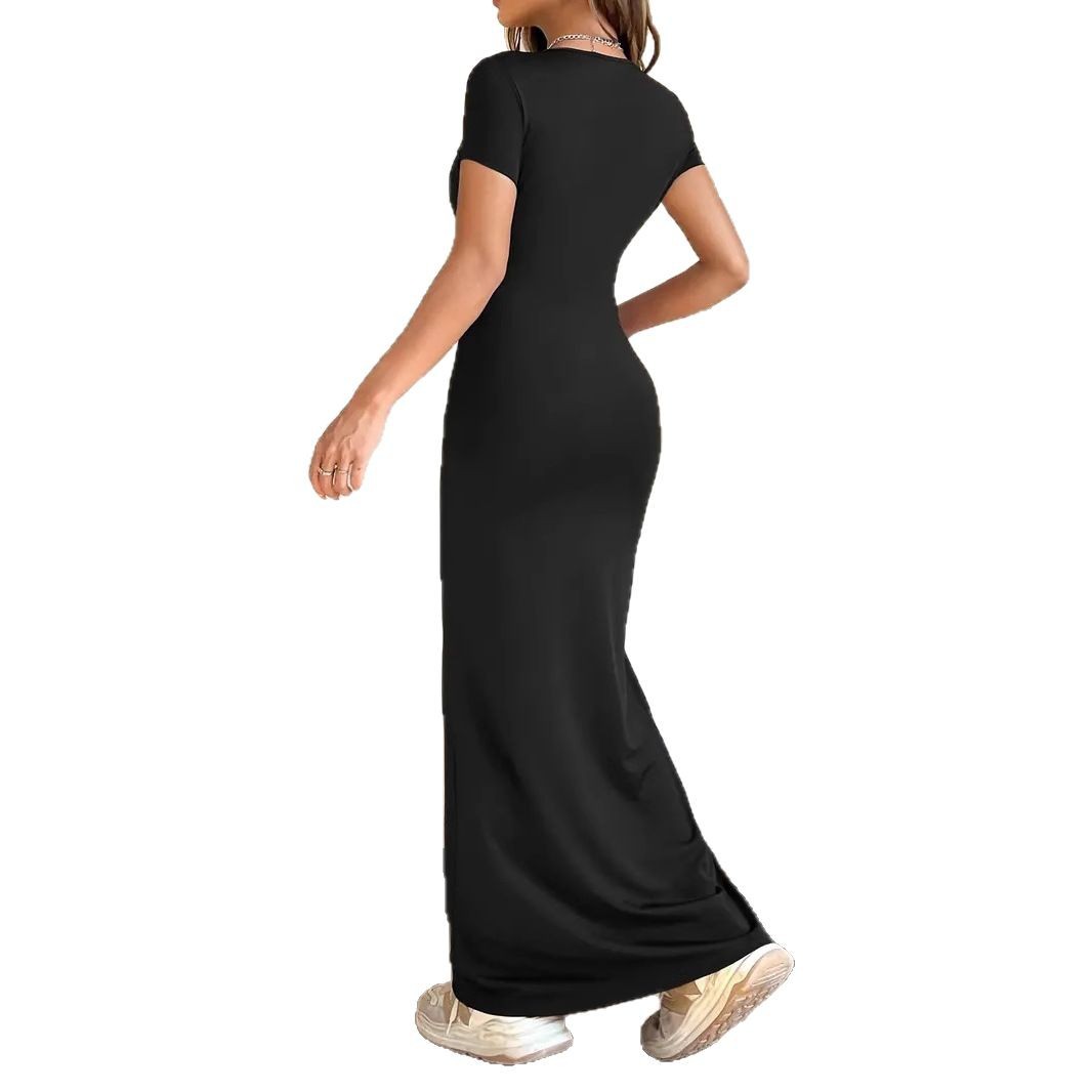 New cross-border Temu Amazon European and American women's clothing 2025 Spring/Summer export solid color elegant slimming short-sleeved dress Item Picture
