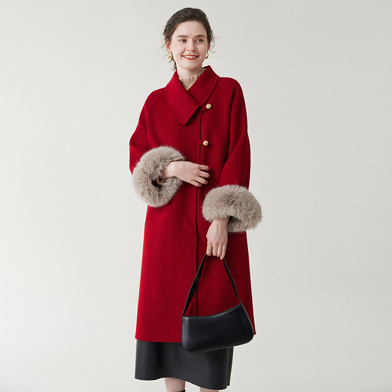 双面羊毛红色大衣女结婚喜服中长款秋新款甜美狐狸毛袖口毛呢外套
