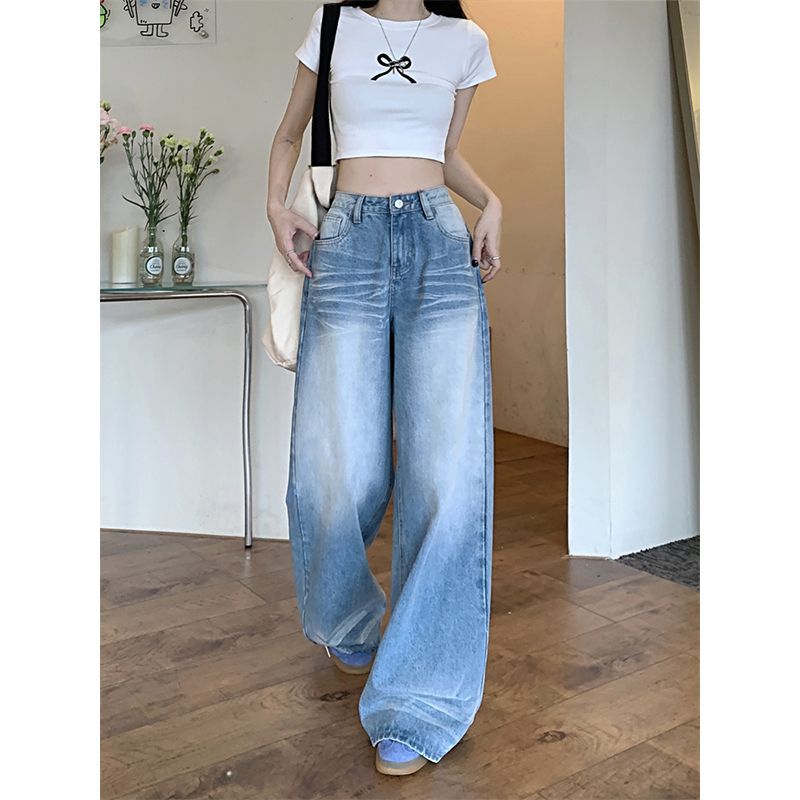 Wash blue cintura alta pierna ancha jeans mujer otoño 2024 nueva holgada slim estilo americano gato bigote sensación mop pants