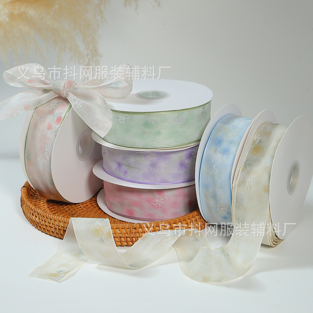 Handmade diy hair accessories, fresh flower gifts, floral art packaging with traditional Chinese style dyed rose ribbons, colored overprinted gauze ribbons