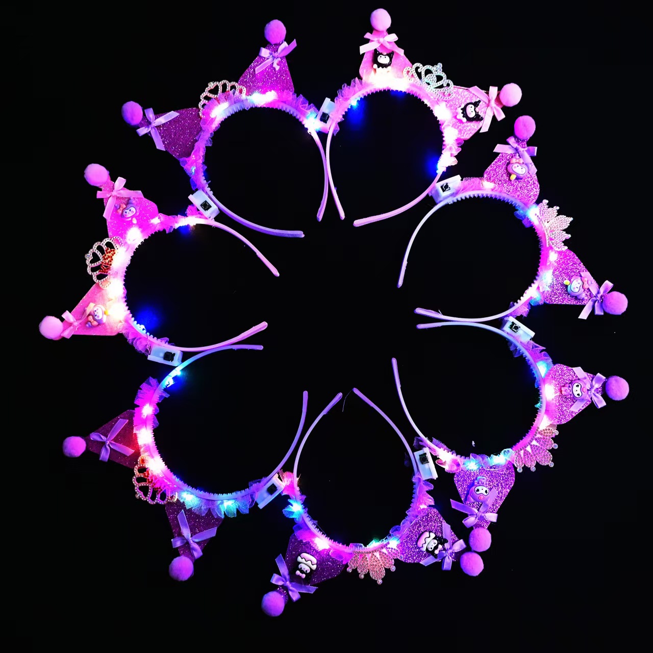 Luminous Kuromi Crown Hair band, children's cartoon bow hair accessory, cute and sweet hair band, performance dressing headwear details Picture