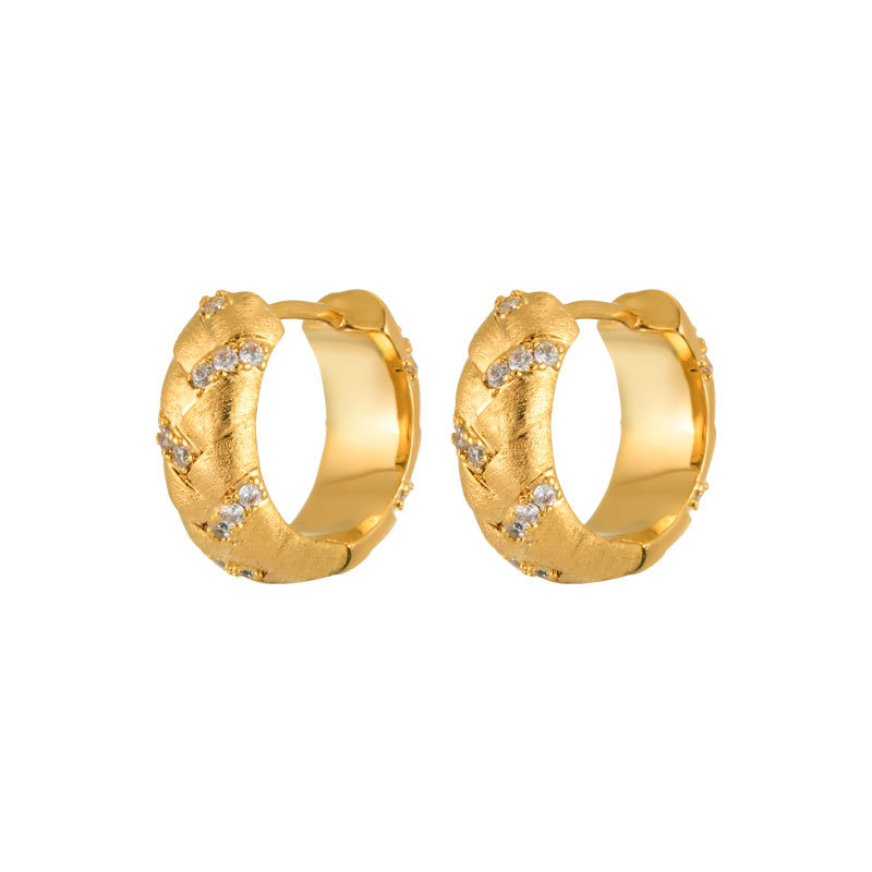 French light luxury diamond-patterned brushed earrings, copper alloy, real gold electroplated, slightly inlaid zircon, high-end earring for women Item Picture