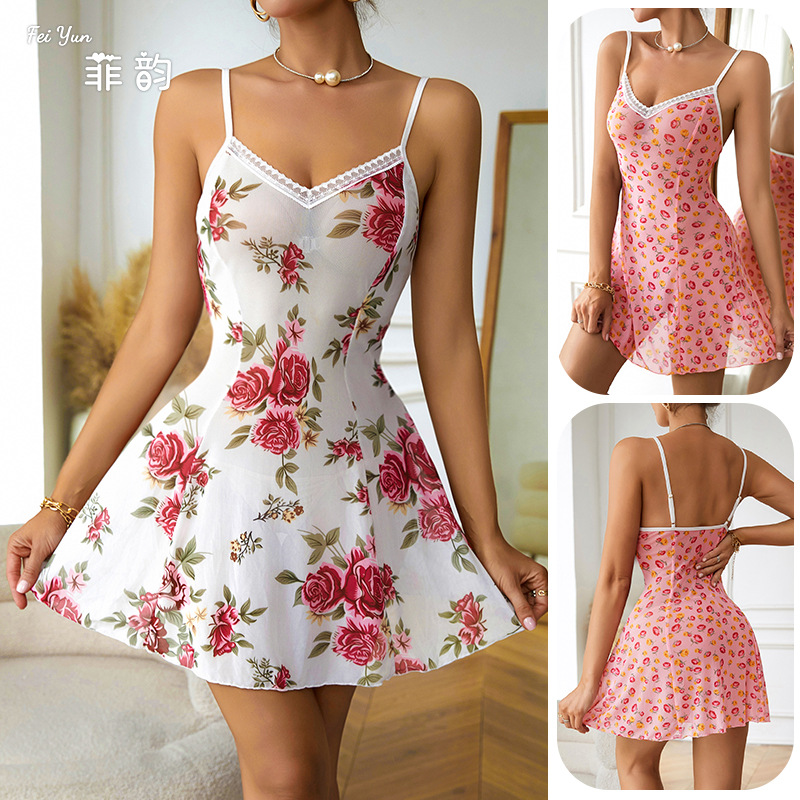 Feiyun Cross-border New style mesh halter dress, printed nightgown, sexy lace patchwork, private and seductive home wear 632