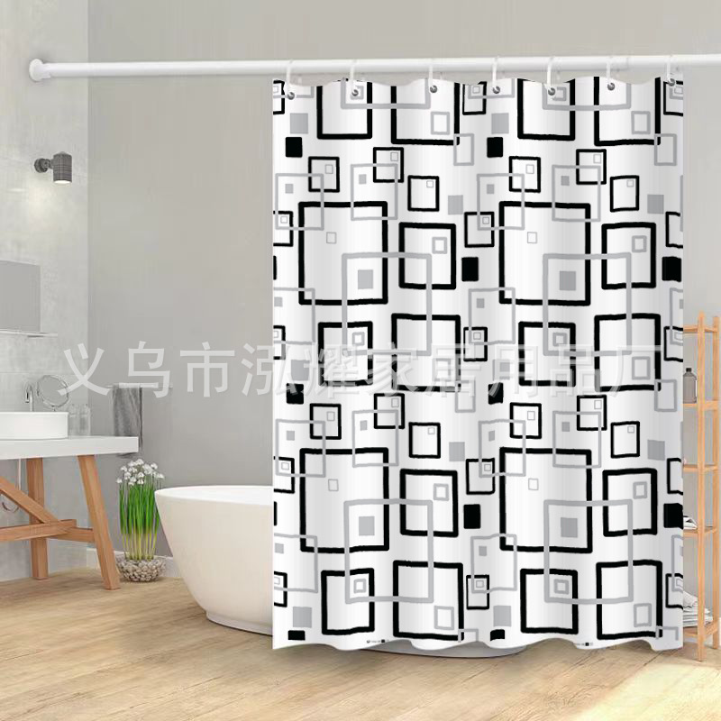 跨境批发涤纶几何方块浴帘现代简约欧式淋浴帘加厚卫生间隔断门帘