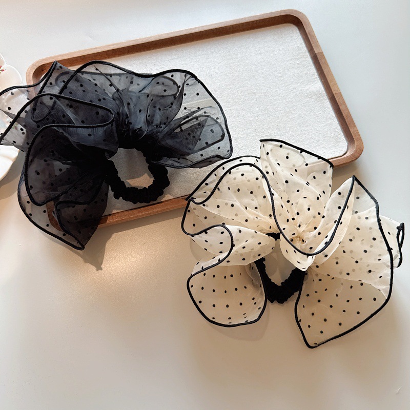 The oversized mesh, ruffled black and white polka dot large intestine circle is a versatile, high-end and elegant skirt hem, hair tie, hair flower and hair accessory