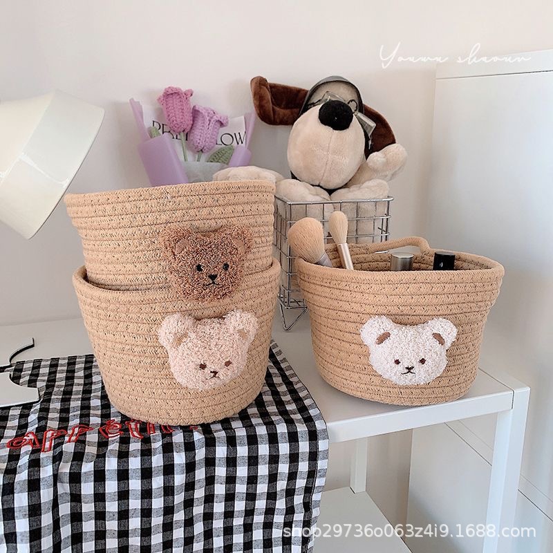 Ins-style cotton rope storage basket, woven bear desktop storage box, miscellaneous items, hair clips, hair bands, makeup brush storage basket Specification image
