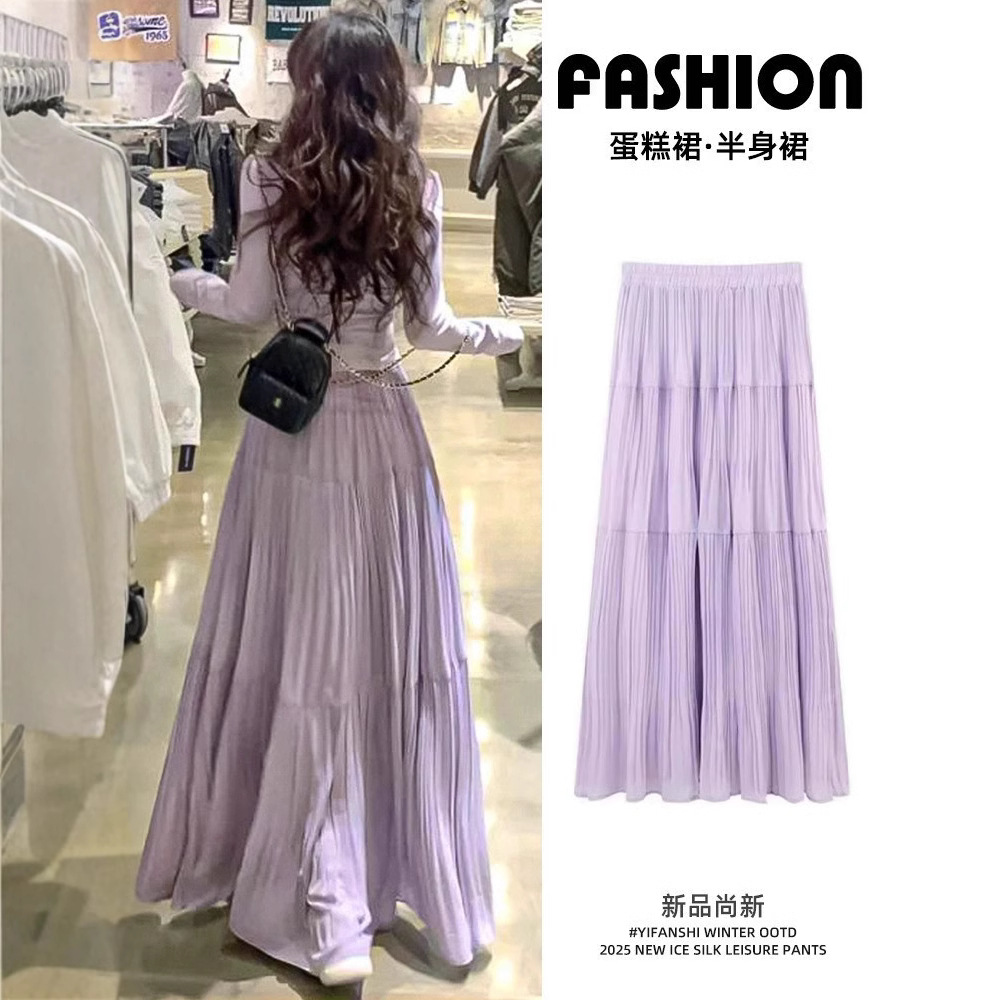 Korean chiffon skirt for women, Spring/Summer 2025 new high-waisted A-line cake skirt, mid-length skirt with a flowing swing