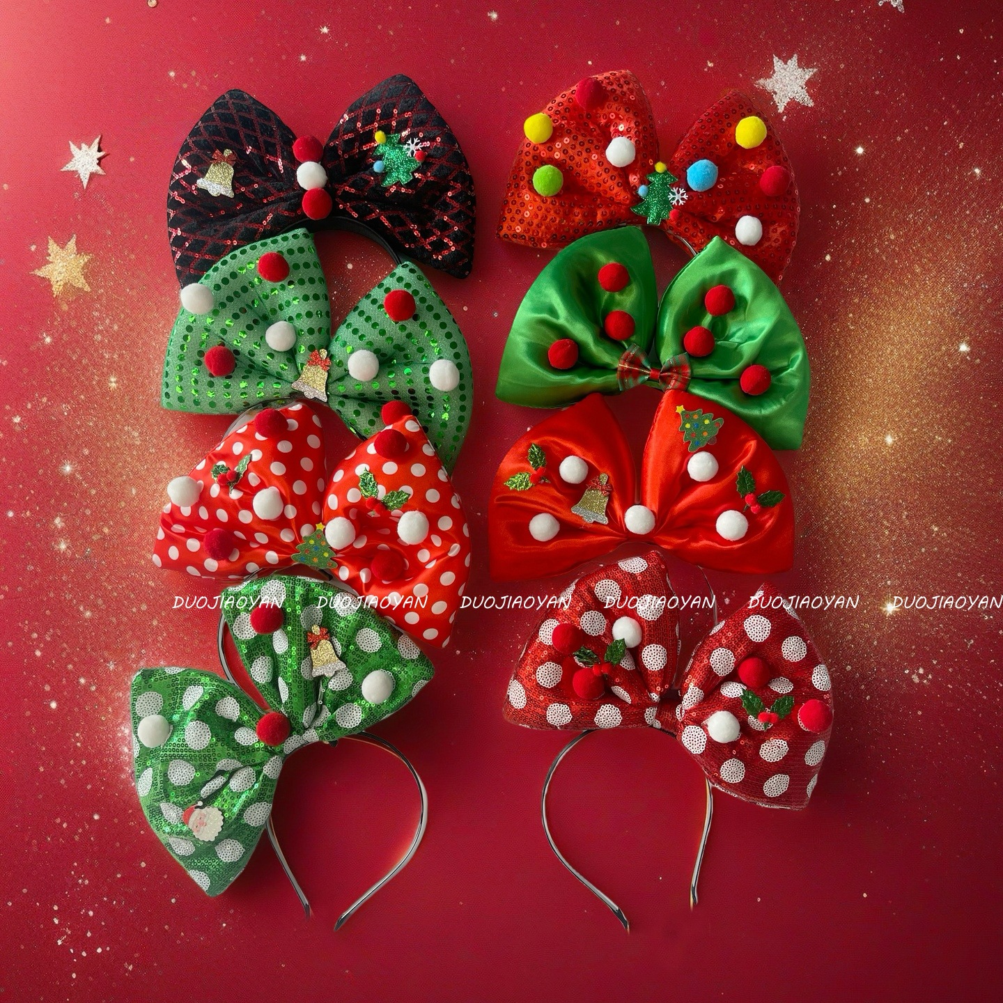 A new, oversized and exaggerated red bow headband, a three-dimensional and sweet hair accessory, and a green Christmas photo headband for women Specification drawing