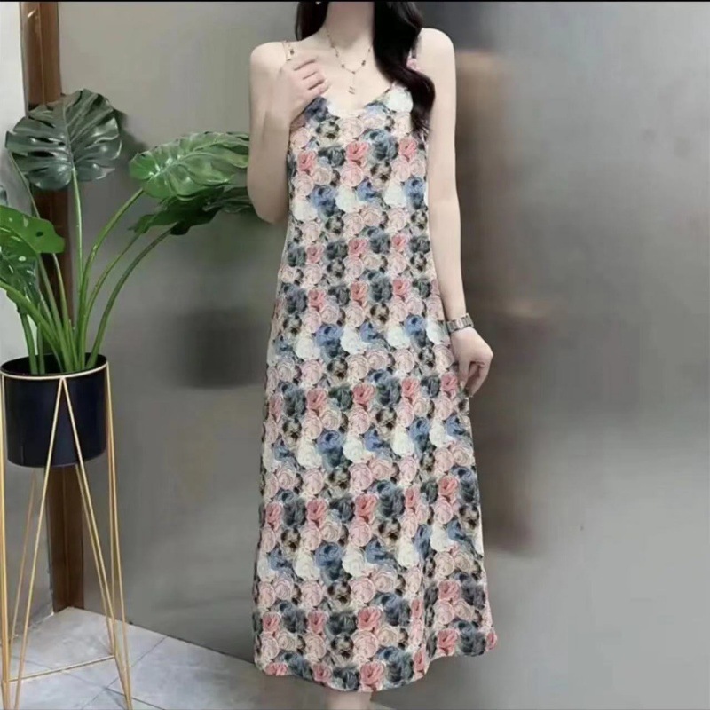 Dress: Elegant printed halter dress, floral fashion long dress, women's sleeveless new Chinese-style halter dress, floral dress for outerwear Specification drawing