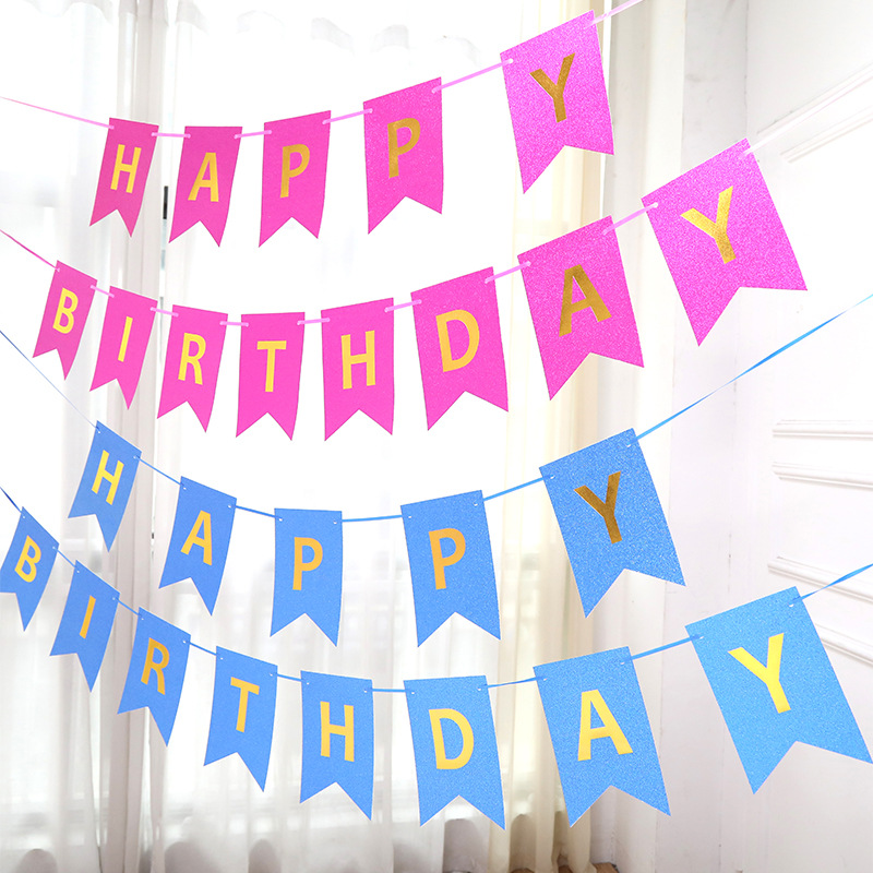 金葱烫金生日快乐鱼尾拉旗闪粉挂旗横幅拉旗生日派对布置装饰批发细节图