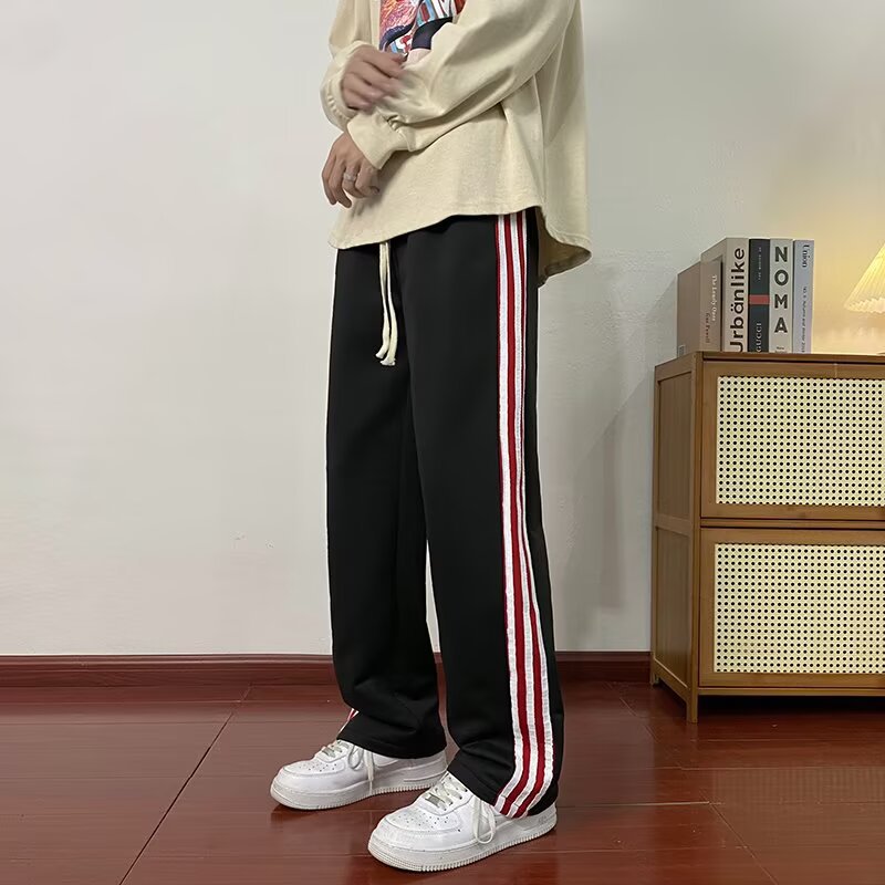 美式高街男宽松直筒条纹休闲裤青少年春秋季青春流行休闲新潮长裤
