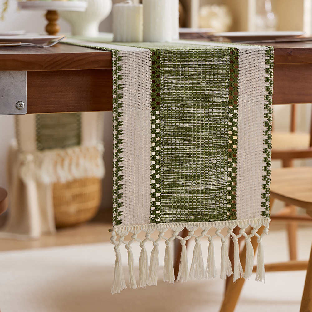 Cotton and linen style table flag with tassel knots, fresh and clean sage green festival party table decoration, coffee table tablecloth pad Specification image