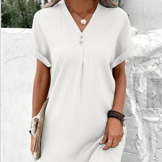 Cross-border European and American women's clothing 2023 new Amazon V-neck solid color pullover comfortable Casual button dress Specification drawing