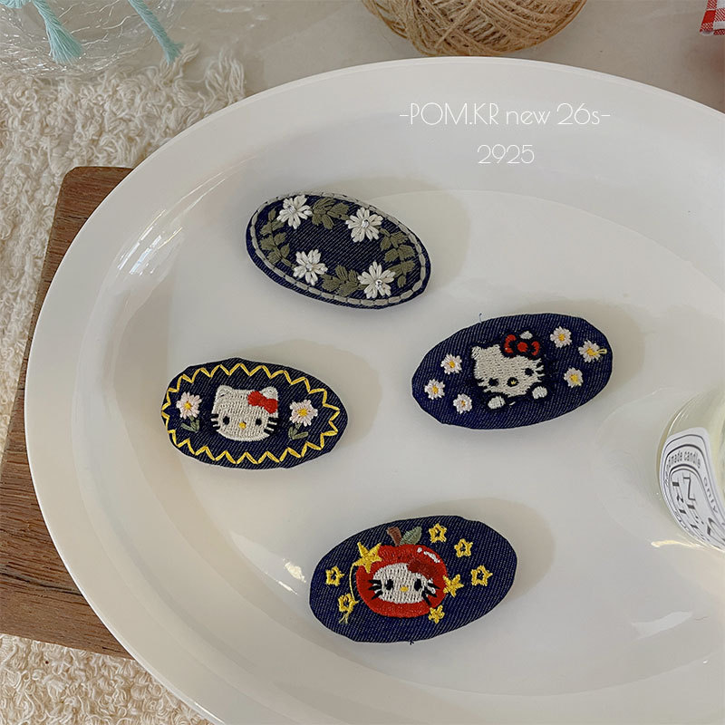 New Korean-style oval denim embroidered kt hair clip, children's fabric handmade bye-bye clip, sweet and versatile side clip hair accessory