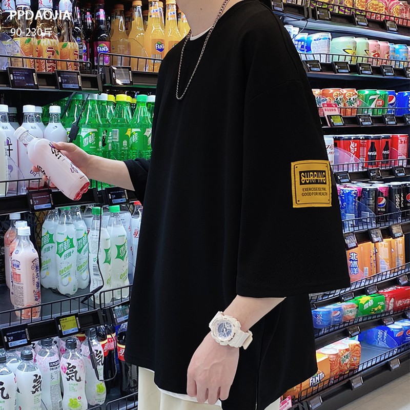 Printed three-quarter sleeve men's T-shirt, summer trendy brand, loose large-sized half-sleeve T-shirt, heavyweight short-sleeved ice silk clothes Specification image