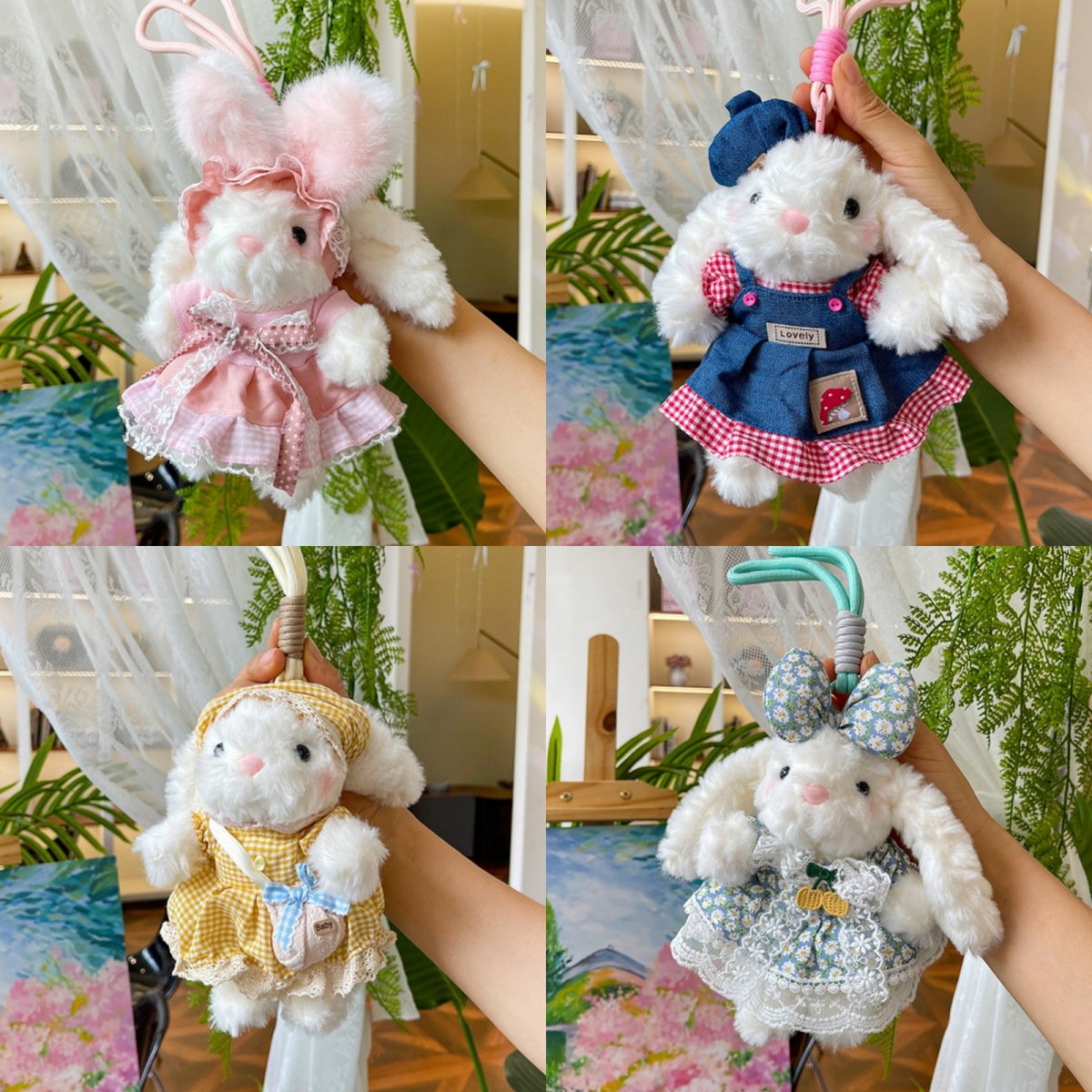 High-appearance level ear-hanging rabbit pendants, plush toys, rabbit dolls, couple schoolbags, pendants, dolls, keychains, figurines
