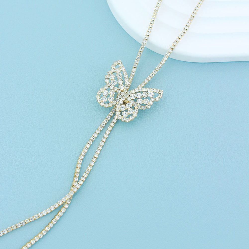 Autumn and winter sweater chain, European and American cross-border bow, long rhinestone sweater chain, women's light luxury and elegant clothing accessory necklace Application Scenario