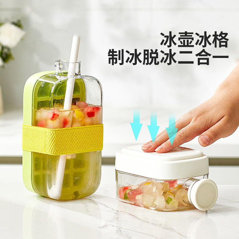 Cross-border ice cube tray water bottle two-in-one press water filling ice bucket, ice box, ice maker, high appearance level portable ice cube mold details Picture