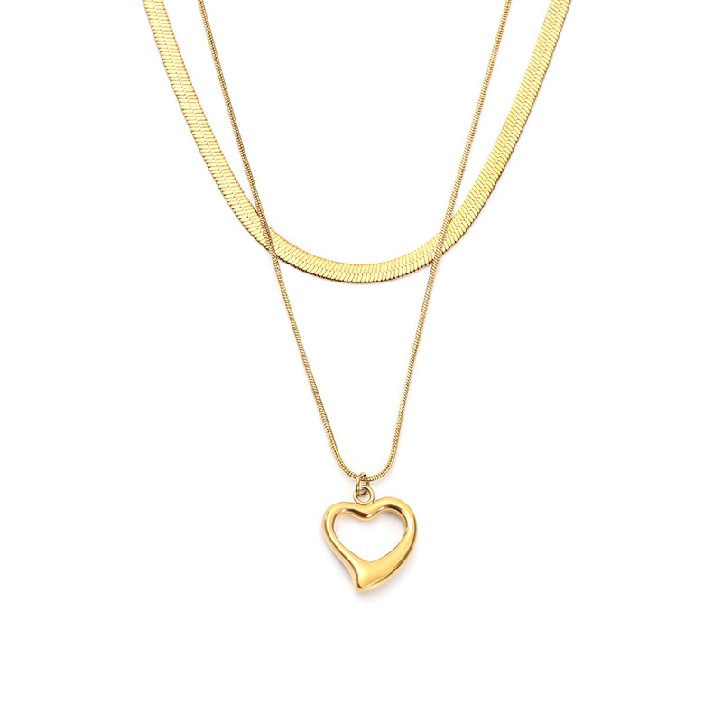 Korean-style double-layered heart-shaped pendant snake bone chain necklace, a simple and versatile InS-style collarbone chain accessory for women Item Picture