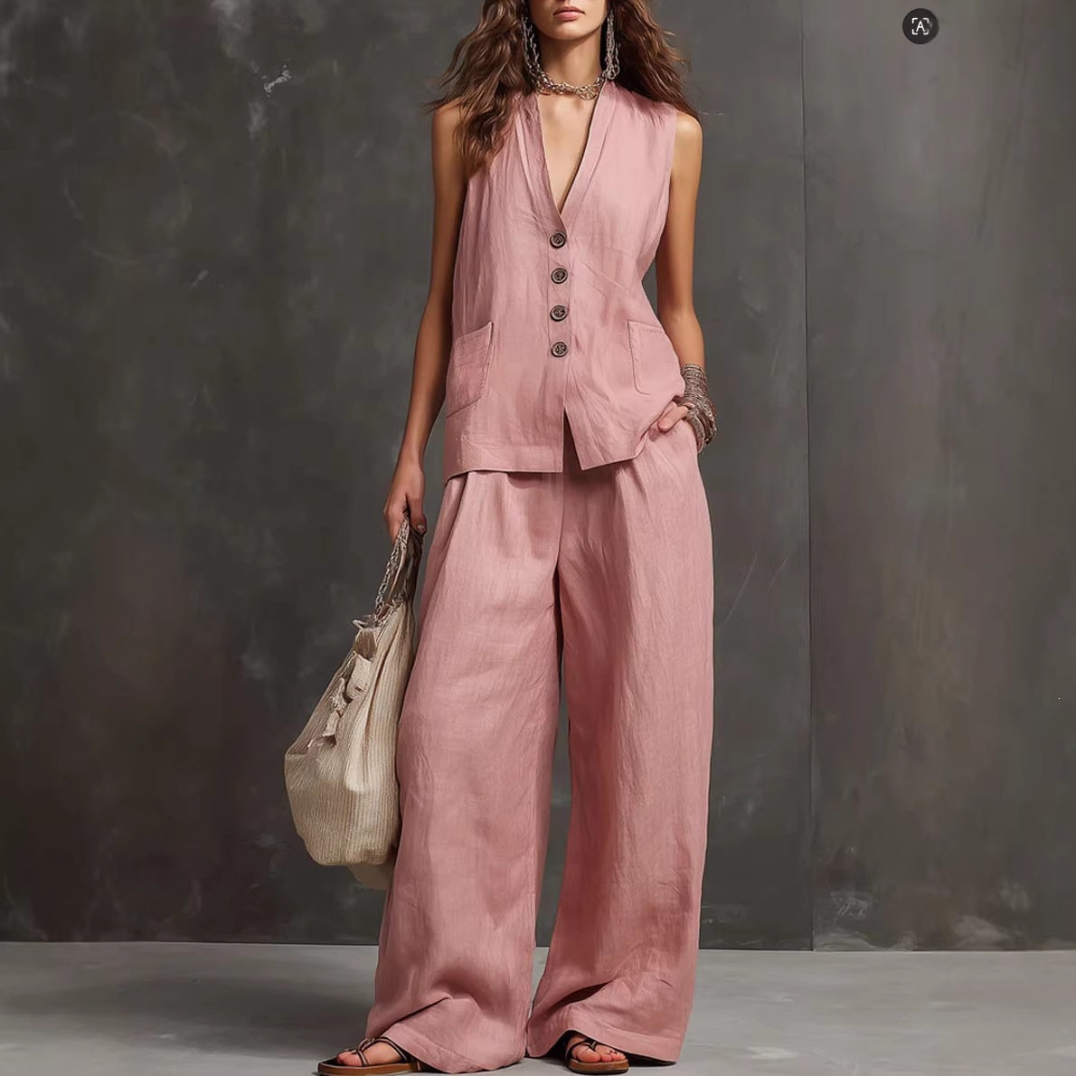 2026 cross-border European and American summer women's wear, laid-back style linen set, sleeveless vest + wide-leg pants, gentle and elegant full figure