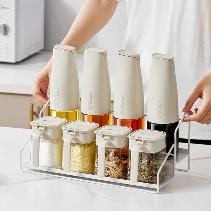 Oil pot and seasoning jar combination set, automatic opening and closing oil bottle, kitchen household soy sauce and vinegar oil control and leakage prevention seasoning bottle details Picture