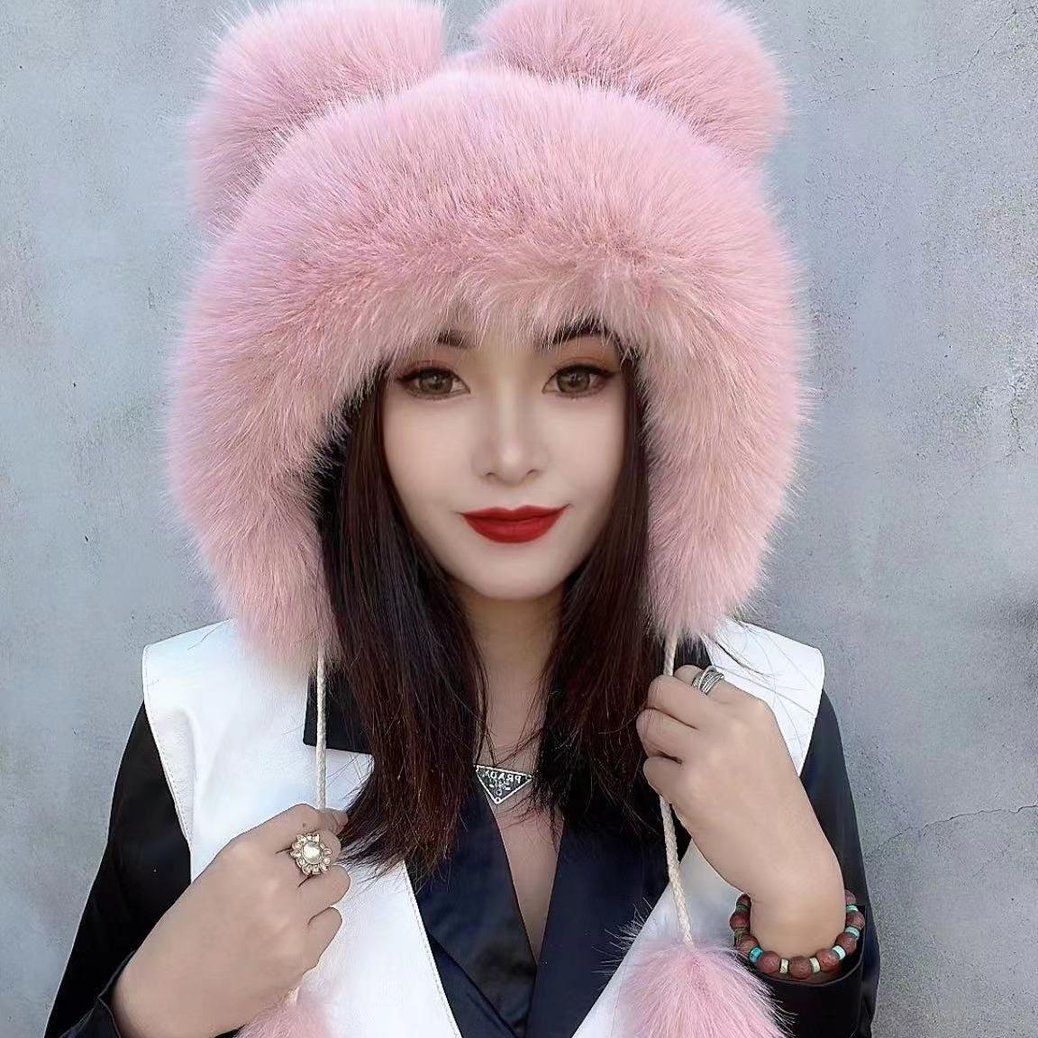 New cute bear-ear hats imitating fox fur autumn and winter hats, women's winter fur hats, stylish ski caps for warmth details Picture