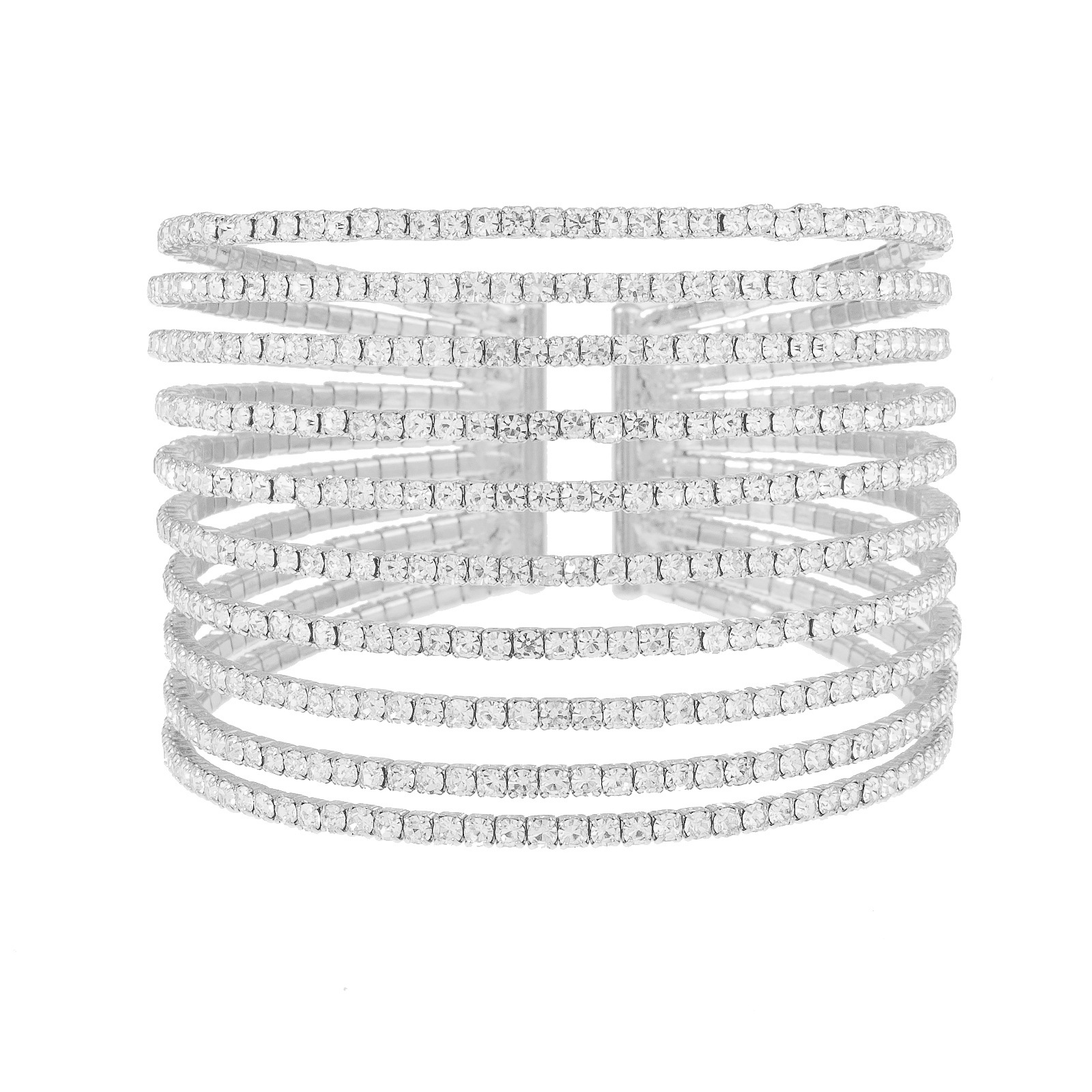 This is a new cross-border 10-row claw chain bracelet from Europe and America. It features exaggerated multi-row water diamonds and steel wire with elastic openings. It is a versatile accessory for brides, wedding banquets, and party gowns Item Picture