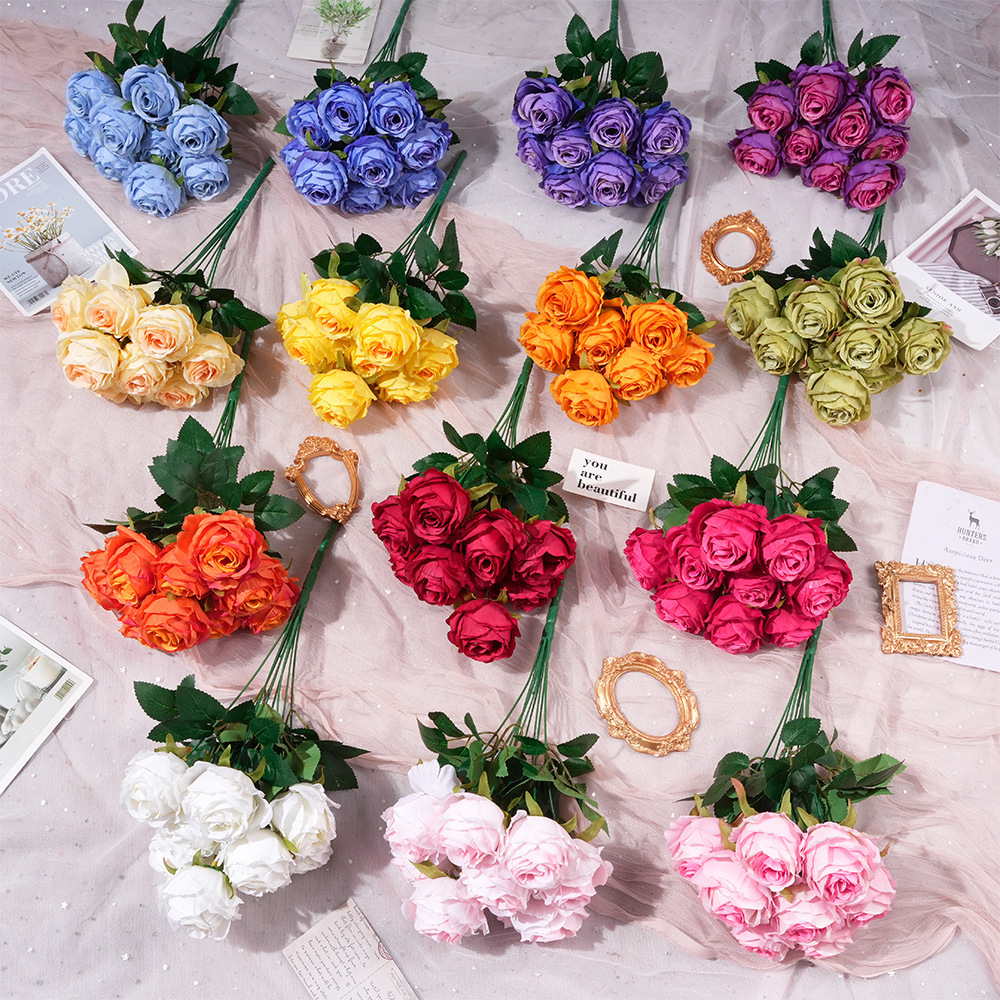 仿真9头雪山玫瑰假花束绢花人造塑料花高级感客厅摆件婚庆花艺